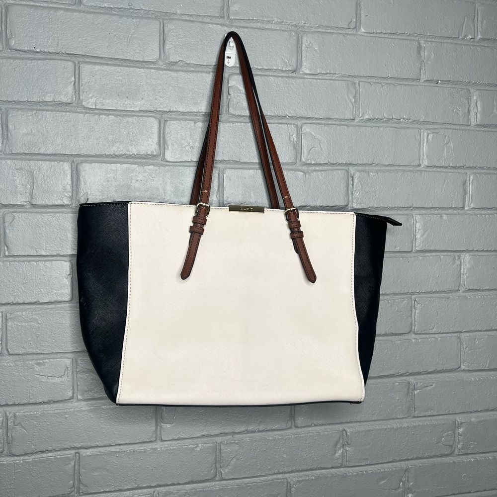 Aldo Black and White Tote with Brown Handles